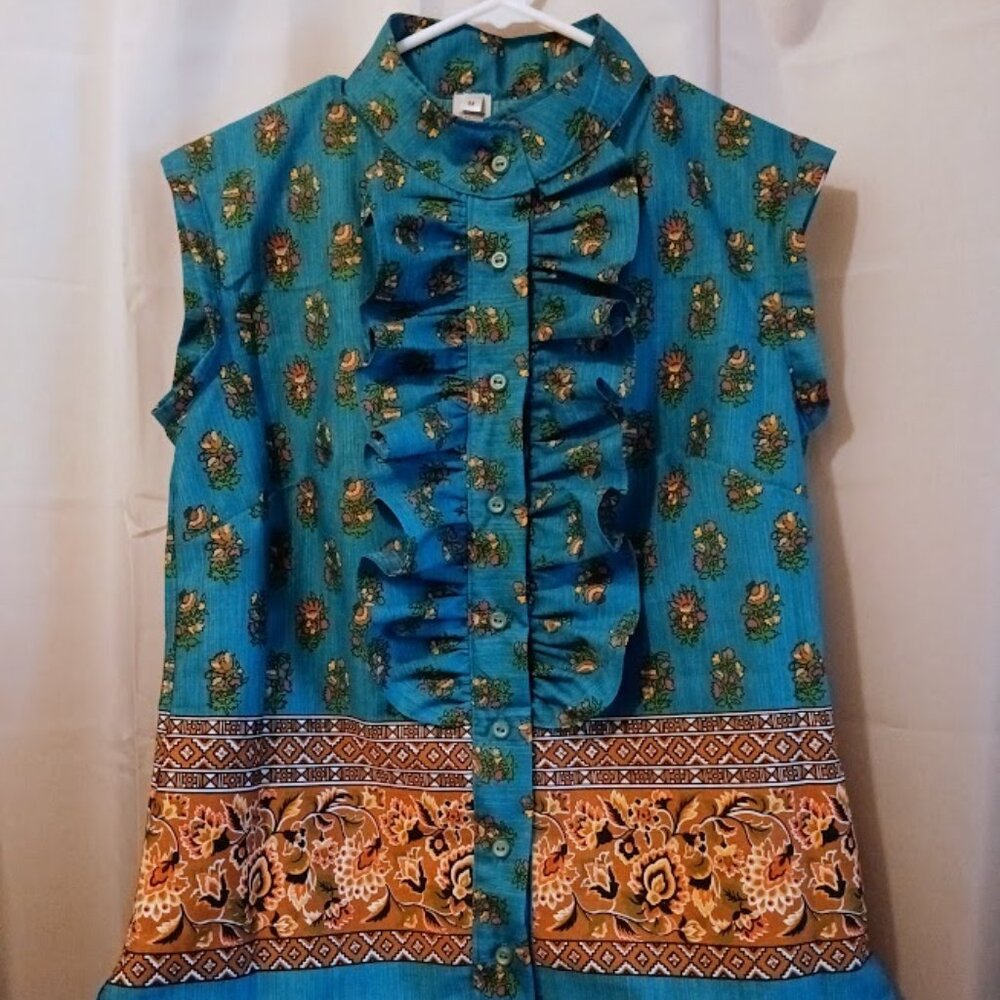Nwt Tuxedo Ruffle Front Blouse Top M Blue Rust floral Button Up Tank Mandarin